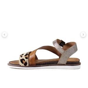 Diba True Leather Cross Strap Leopard Gold Flat Summer Sandals New in Box 6.5